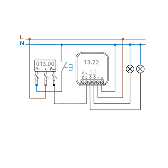 Schema di collegamento Tipo 13.22 con convertitore pulsante neutro/fase per retrofitting - Commutatore a sequenza