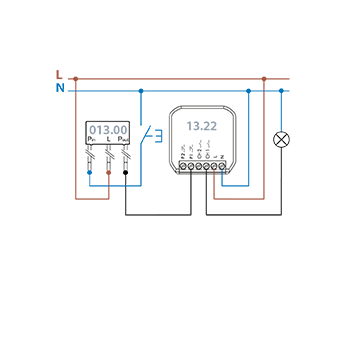 Schema di collegamento Tipo 13.22 con convertitore pulsante neutro/fase per retrofitting - Singolo canale